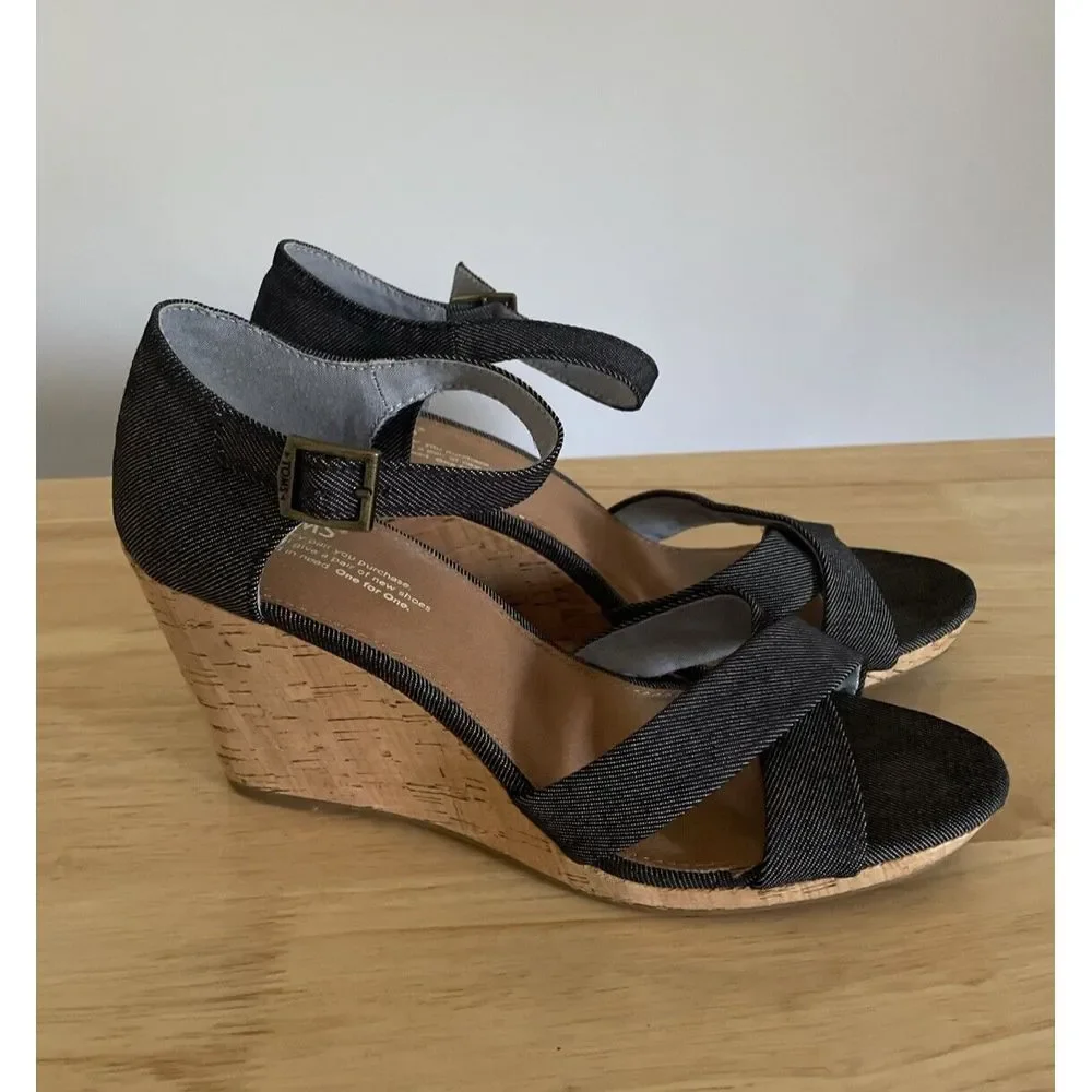 TOMS Wedge Heel Cork/Fabric Buckle Strap Womens Blue Sandals Shoes‎ Size W 10